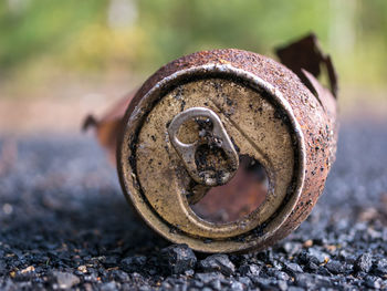 Close-up of rusty metal drink can