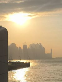 View of city at waterfront during sunset