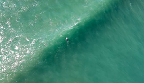 High angle view of man with surfboard on sea