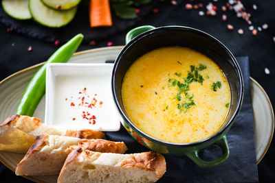 High angle view of soup in bowl on table