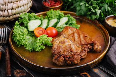 High angle view of food in plate on table