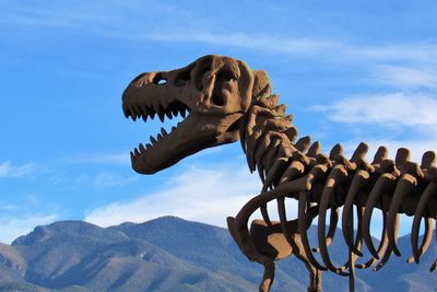 Low angle view of dinosaur on mountain against sky
