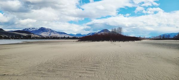 Panoramic view of beach and snowcapped mountains against sky