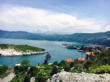 High angle view of bay against sky