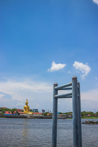 View of river by building against sky