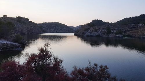 Scenic view of lake by trees against clear sky