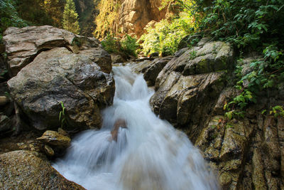 The rapid flow of the river between huge stones in the rocky mountains in summer,behind the sunlight