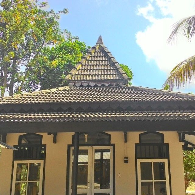 architecture, building exterior, built structure, low angle view, tree, sky, place of worship, religion, facade, window, roof, cloud, day, spirituality, outdoors, no people, sunlight, cloud - sky, house, temple - building