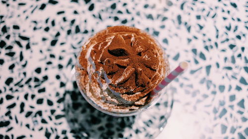 High angle view of dessert in plate on table