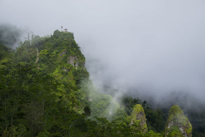 Scenic view of mountains against sky during foggy weather