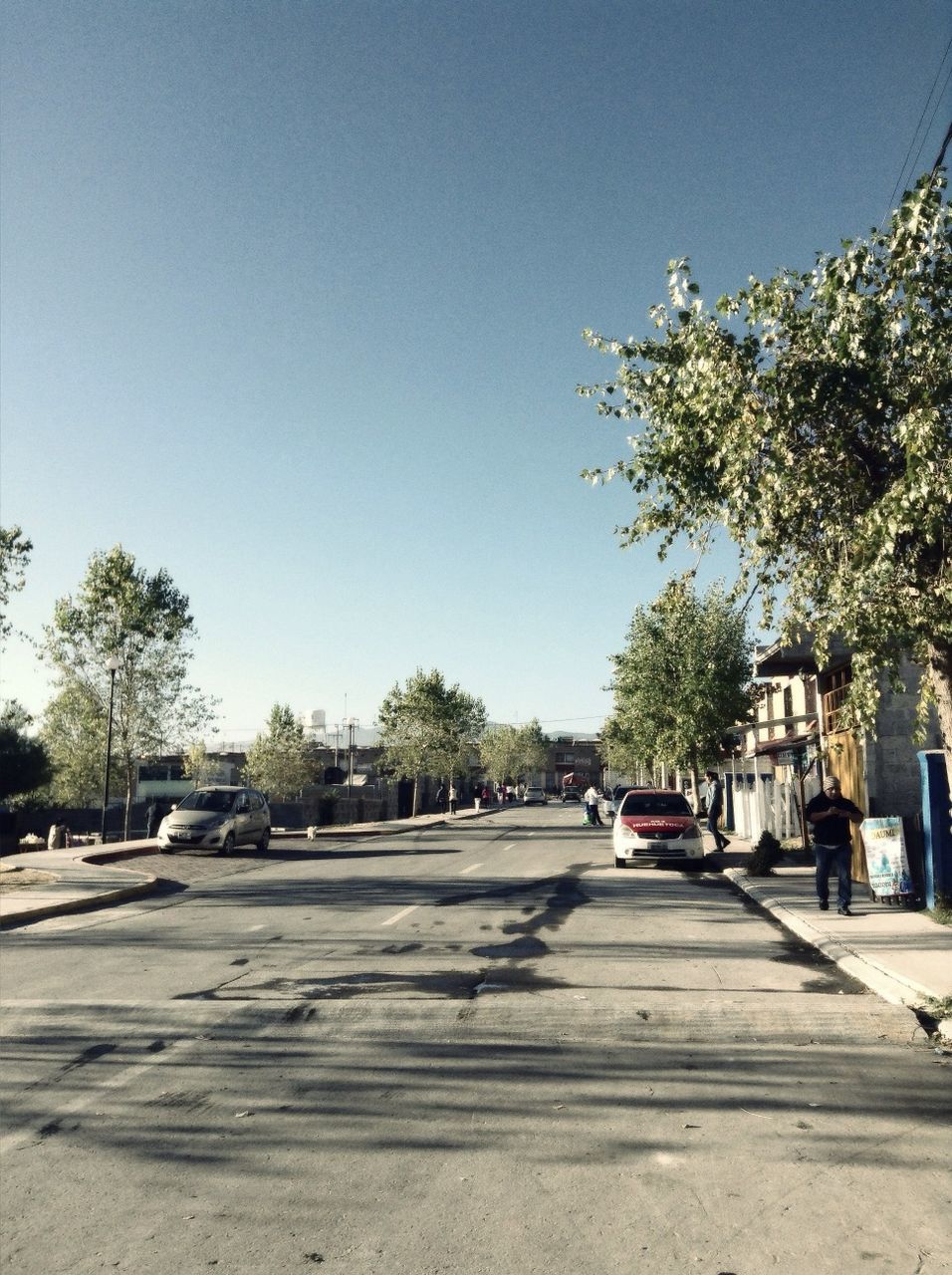 clear sky, tree, transportation, road, building exterior, street, car, built structure, copy space, architecture, the way forward, sunlight, land vehicle, mode of transport, blue, shadow, day, incidental people, empty, outdoors