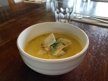 High angle view of soup in bowl on table