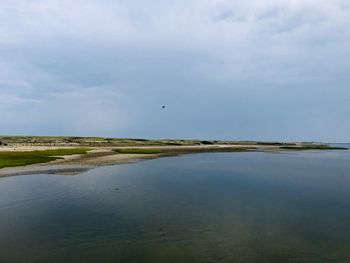 View of birds flying over lake against sky