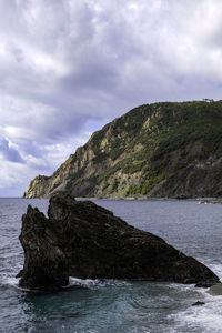 Rock formations by sea against sky