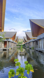 Buildings by lake against sky