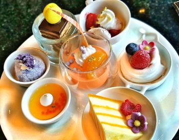 High angle view of breakfast served on table