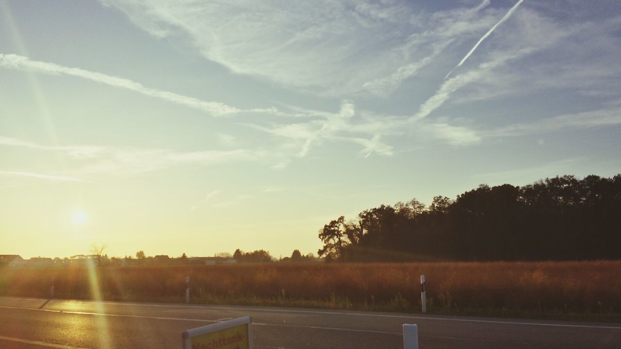 sun, tree, sunlight, sunbeam, sunset, sky, tranquility, tranquil scene, scenics, beauty in nature, lens flare, nature, landscape, field, cloud - sky, silhouette, idyllic, road, outdoors, growth