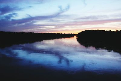 Reflection of clouds in lake at sunset