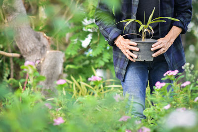 Midsection of person standing by plants