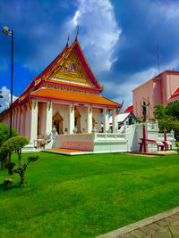 View of temple against building