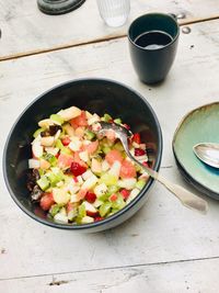 High angle view of breakfast served on table