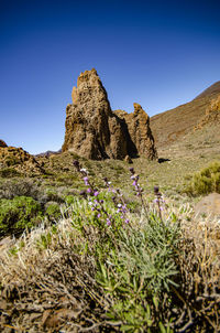 Rock formations on landscape against clear blue sky