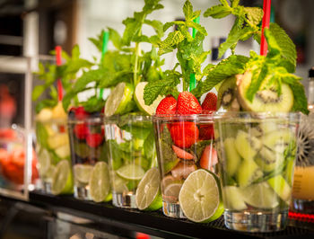 Close-up of fruits in glass container