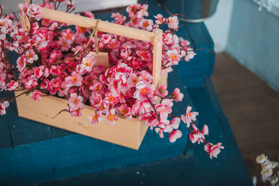 High angle view of pink flowers on table