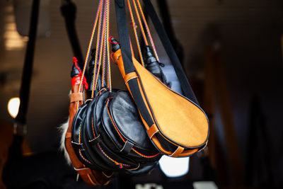 Traditional handcrafted wineskin boots in salento an small town of the region of quindio in colombia