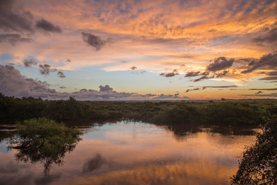 Scenic view of lake against sky during sunset