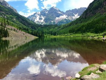 Idyllic view of mountains and trees by lake