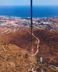 High angle view of landscape and sea against sky