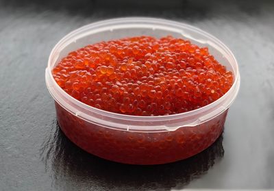 High angle view of caviar in container on table