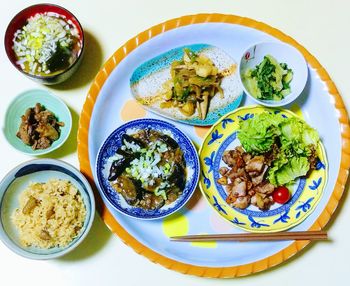 High angle view of food served on table