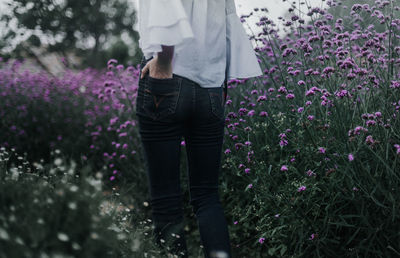 Midsection of woman with hand in back pocket standing amidst flowering plants on field