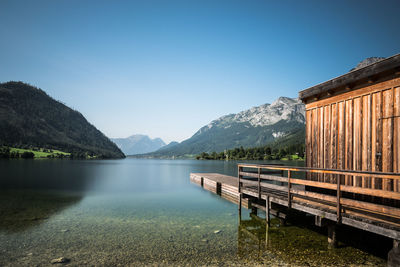 Scenic view of lake against clear blue sky