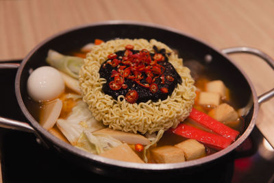 High angle view of food in bowl on table
