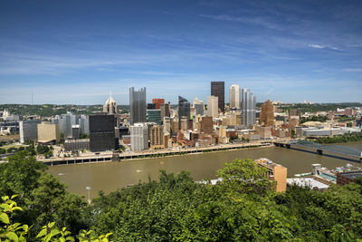 High angle view of buildings against sky