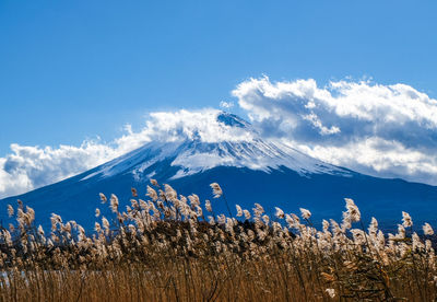 Scenic view of snowcapped mountains against blue sky