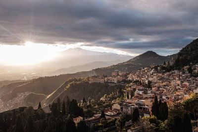 High angle shot of townscape against cloudy sky