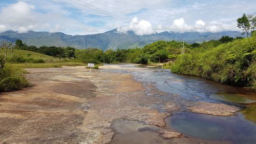 Scenic view of river amidst trees against sky