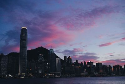 Buildings in city at sunset