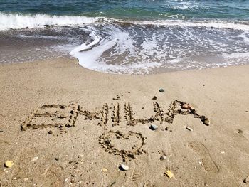 High angle view of text on beach