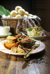 Close-up of food served in plate on table