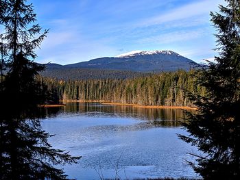 Scenic view of lake and mountains against sky