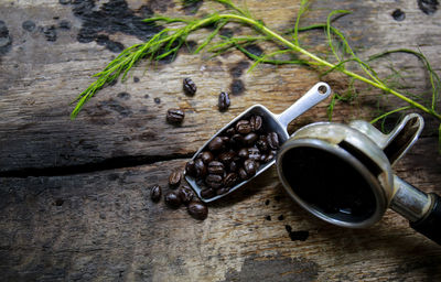 High angle view of coffee beans on table