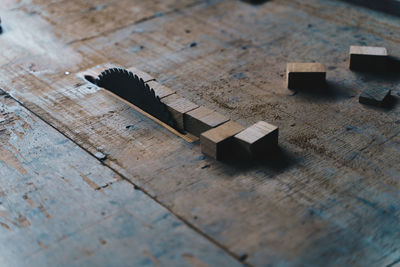 High angle view of piano on table