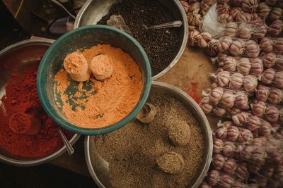 High angle view of spices in container