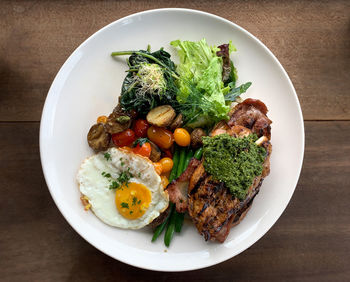 High angle view of breakfast served on table