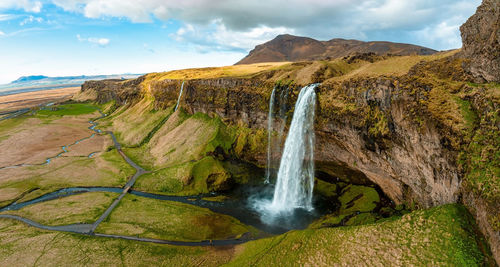 Aerial view of the seljalandsfoss - located in the south region in iceland